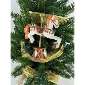 Vintage White Carousel Horse Christmas Ornament On Drum Stand With Red & Green